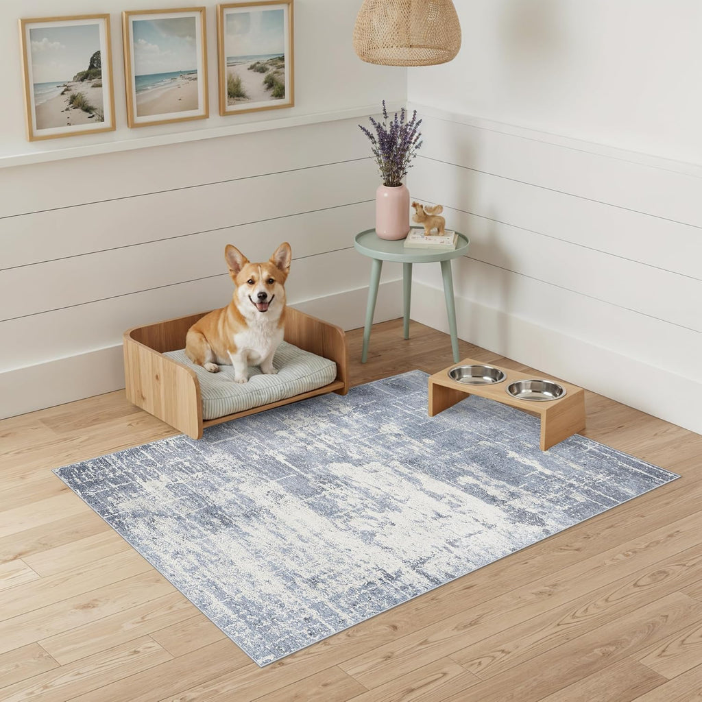 Skiennix Washable 2x3 Entryway Area Rug - Modern Abstract Soft Non-Slip Carpet in Blue/Ivory