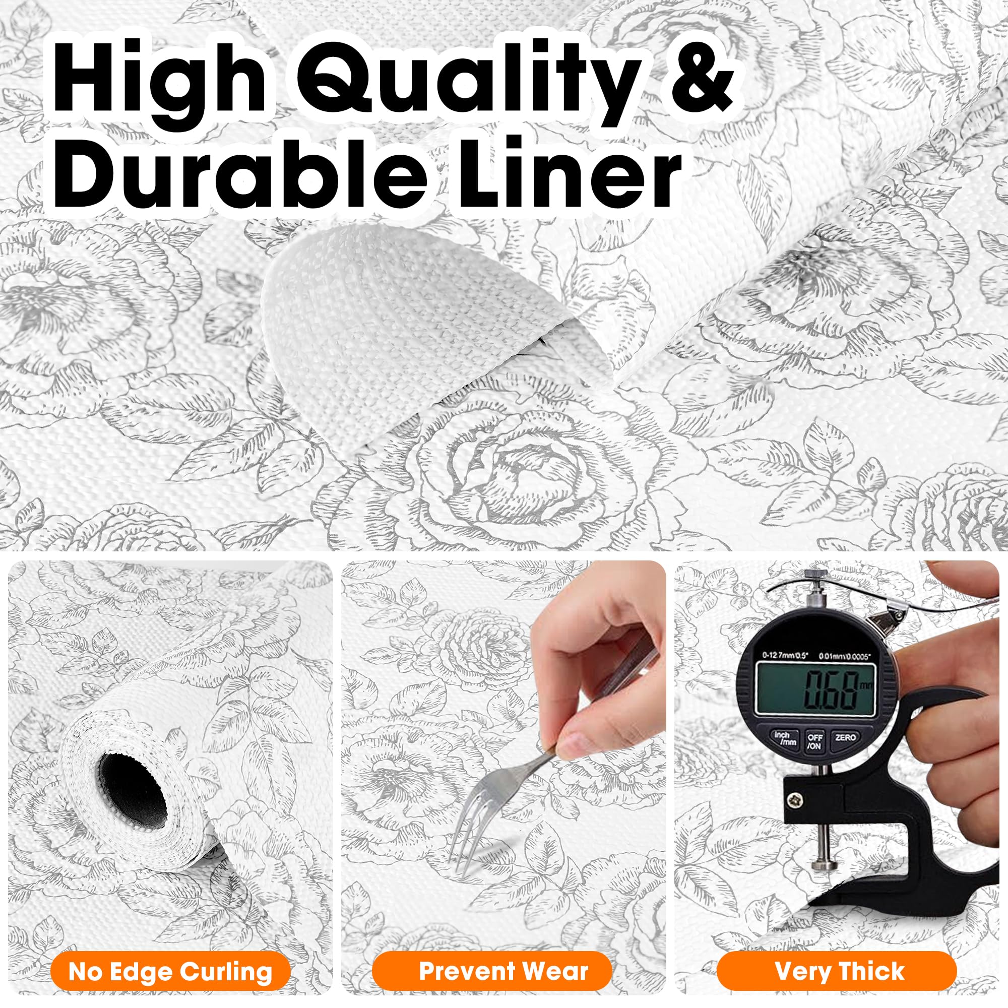 Drawer and Shelf Liner for Kitchen Cabinets Non-Adhesive, Non-Slip Cabinet Liner Shelf Paper Strong Grip Waterproof Easy to Clean for Kitchen Shelves Cupboard, Flower,23.6IN X 30FT