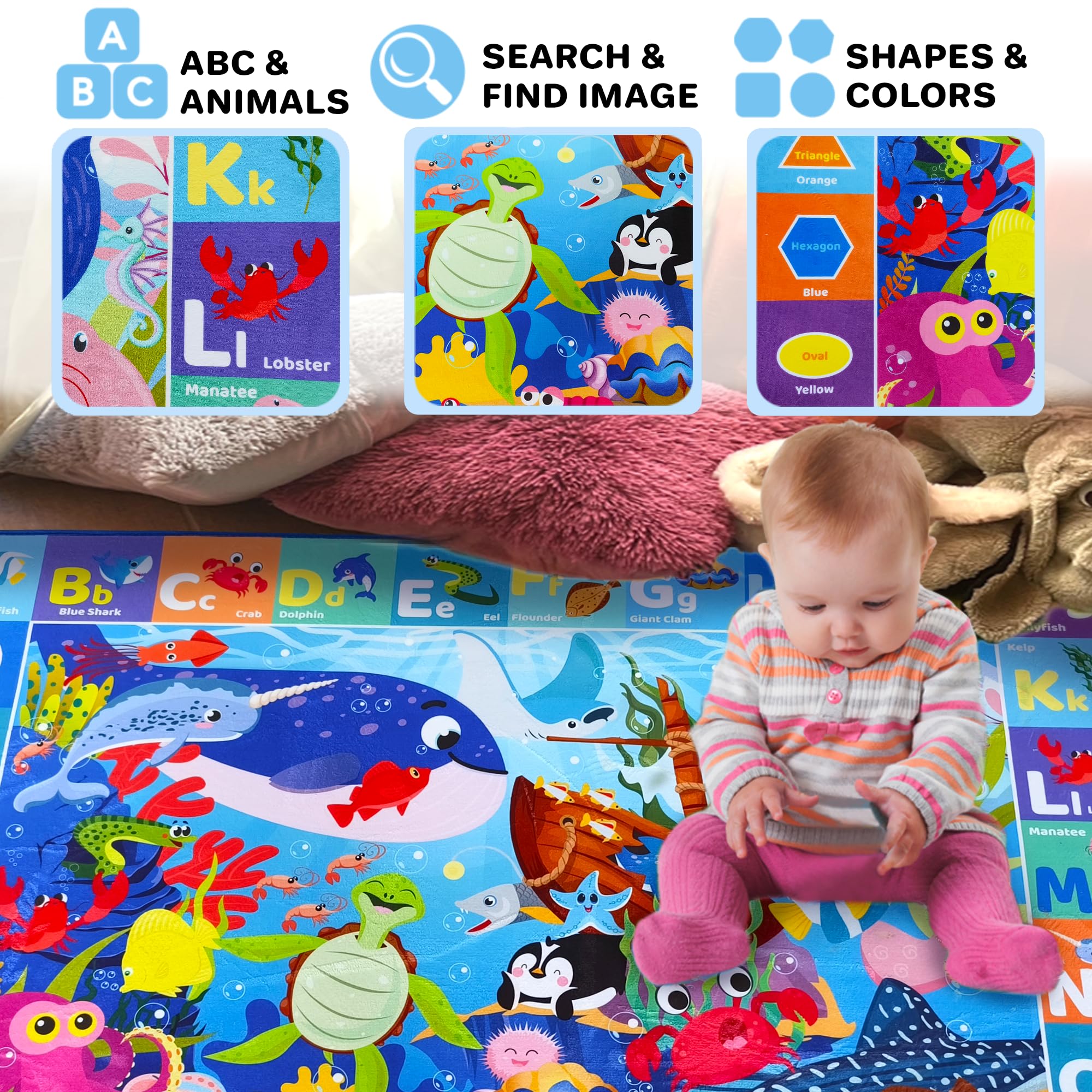 QUOKKA Large Baby Play Mat for Floor – ABC Ocean Padded Non-Slip Nursery Rug for Toddlers & Infants – Soft Foldable Care Mat for Crawling & Playroom - Giant Floor Kids Rug Gift