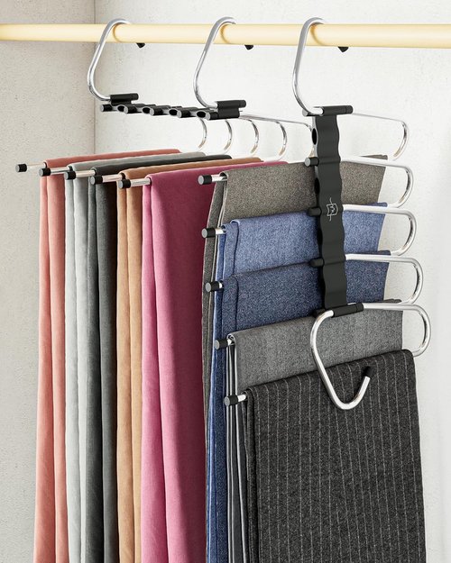 MORALVE Space-Saving Pants Hangers - Non-Slip Multi-Layer Design - 4 Pack for Closet Storage (Black)
