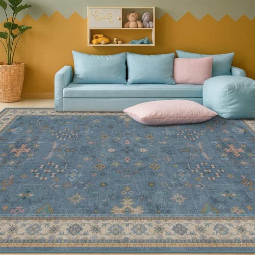 Boho 6x8 Living Room Rug - Modern Blue Washable Carpet for Dining Room & Bedroom Décor