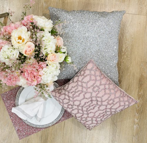 Lattice Pillow, Sparkling Rhinestones on Soft Velvet, Hypoallergenic Fiber Insert, Washable Cover, Unique, Statement Home Decor, Blush, 16x16, Sold Individually