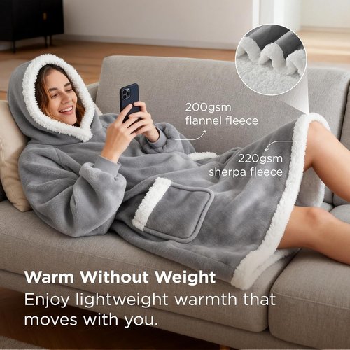 Bedsure Blanket Hoodie - Cozy Wearable Sherpa Sweatshirt for Women & Kids | Grey, Standard Size