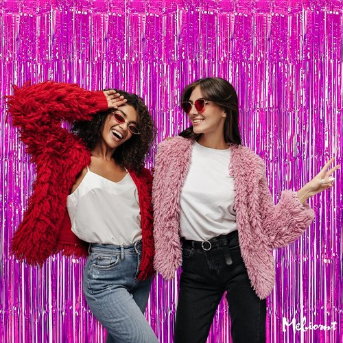 Fuchsia Fringe Curtain Backdrop by [Brand Name] - 4 Pack Metallic Tinsel Foil Streamers | 3.2Ft x 6.6Ft for Parties & Events