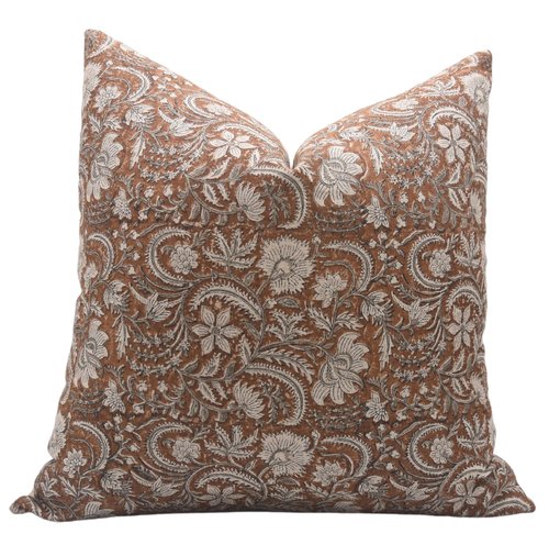 Fabritual Block Print Handmade Thick Linen 22X22 Throw Pillowcase Cushion Cover with Zipper for Sofa, Couch and Bed, Fall Decoration, Farmhouse, Living Room, Home Décor, Kundanvan, Light Brown