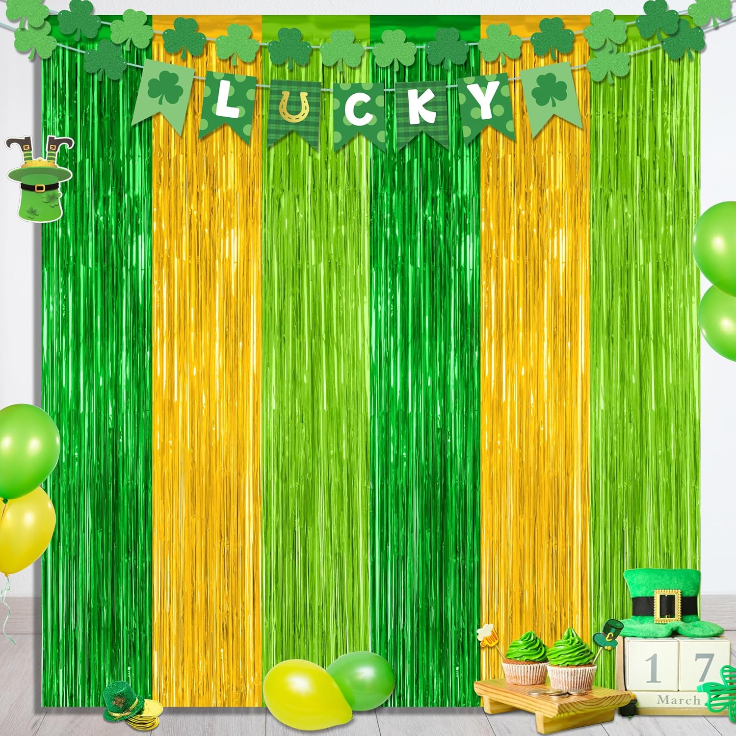St. Patrick's Day Party Decorations - 2 Pack Green & Gold Metallic Backdrop Curtains | 3.28 FT x 7.05 FT