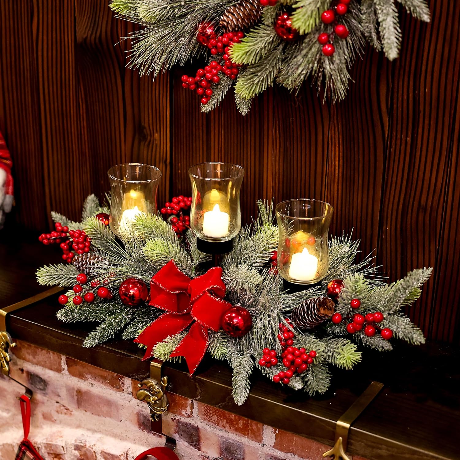 Regine Switzerland Red Christmas Table Centerpiece - Cedar Decoration with 3 Candlestick Glass Cups & Red Berries for Holiday Parties