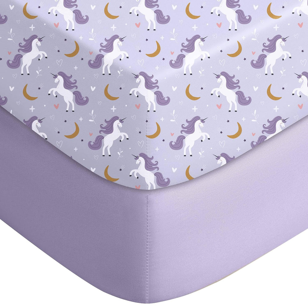 Yoofoss Fitted Baby Crib Sheets - Super Soft Microfiber 2-Pack for Standard Crib & Toddler Mattress | Purple & Unicorn Design 28x52x8in