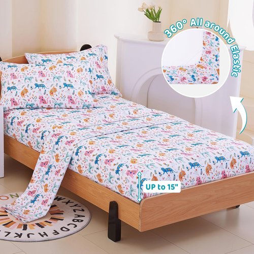 Viviland 3 Pieces Girls Pink Cat Twin Sheet Set - Soft Microfiber Fitted Flat Sheets & Pillowcase - Kids Colorful Floral Leaf Print Bedding Sets - for Kids & Toddlers