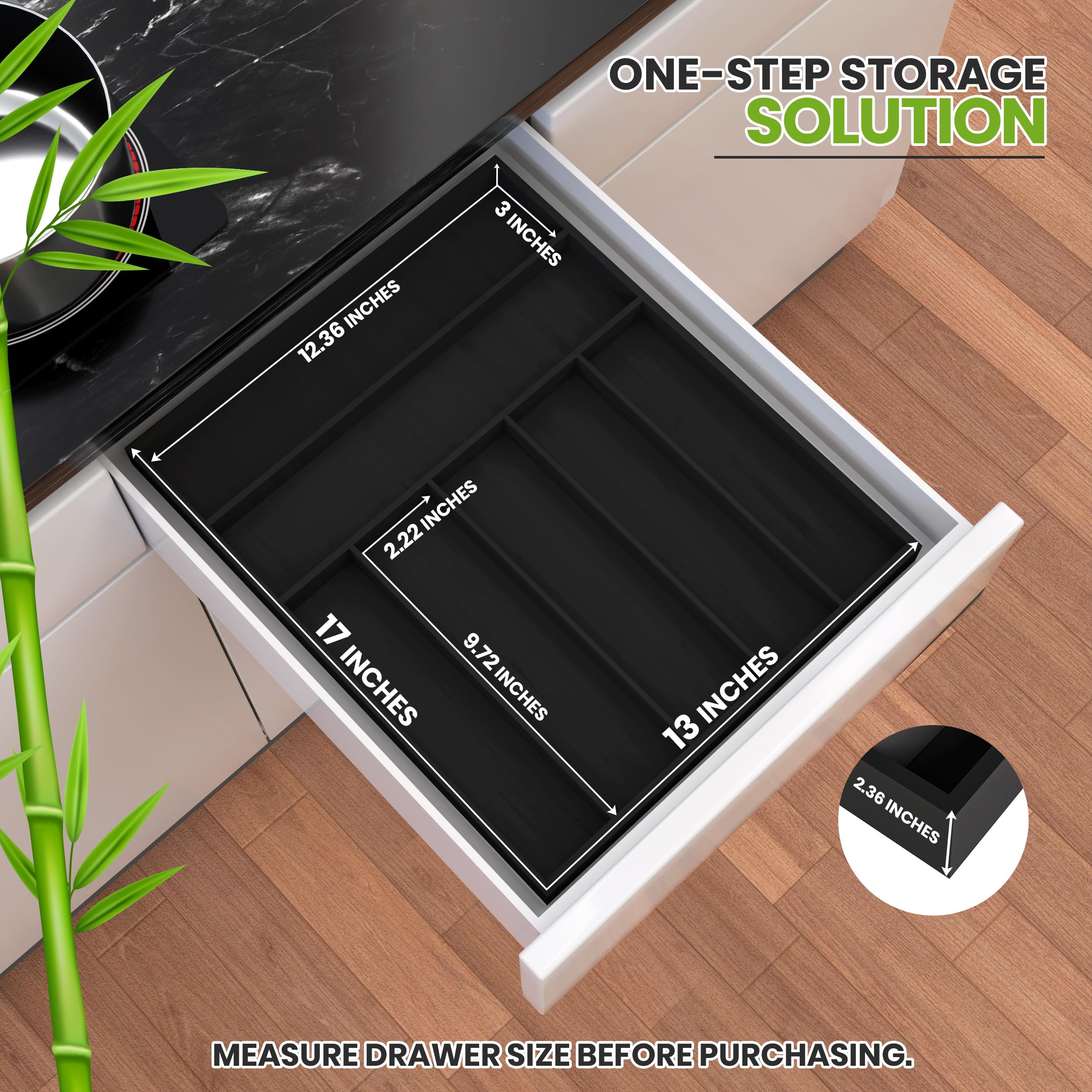 Utopia Kitchen Silverware Organizer, Bamboo Utensil Drawer Organizer for Cutlery, Utensils & Flatware (7 Compartment, Black) Pack of 1
