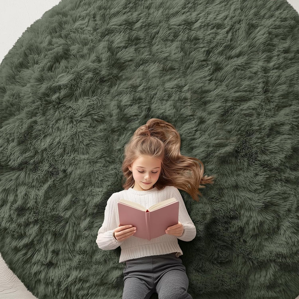OLANLY Olive Green Round Area Rug - Soft, Fluffy, Machine Washable 7 ft Circle Carpet for Bedroom & Living Room Decor