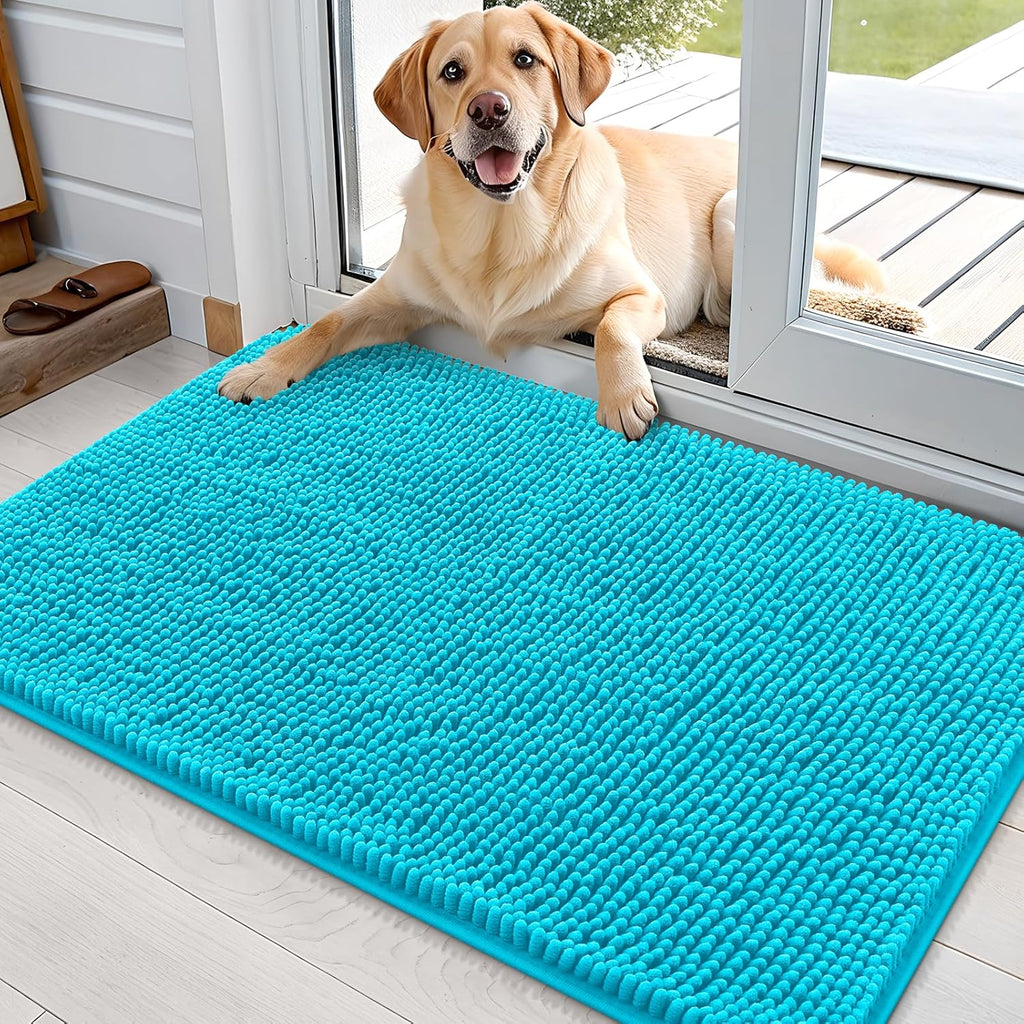 OLANLY Dog Door Mat - Absorbent Non-Slip Washable Doormat for Muddy Paws | Aqua Blue 35x24 Inches