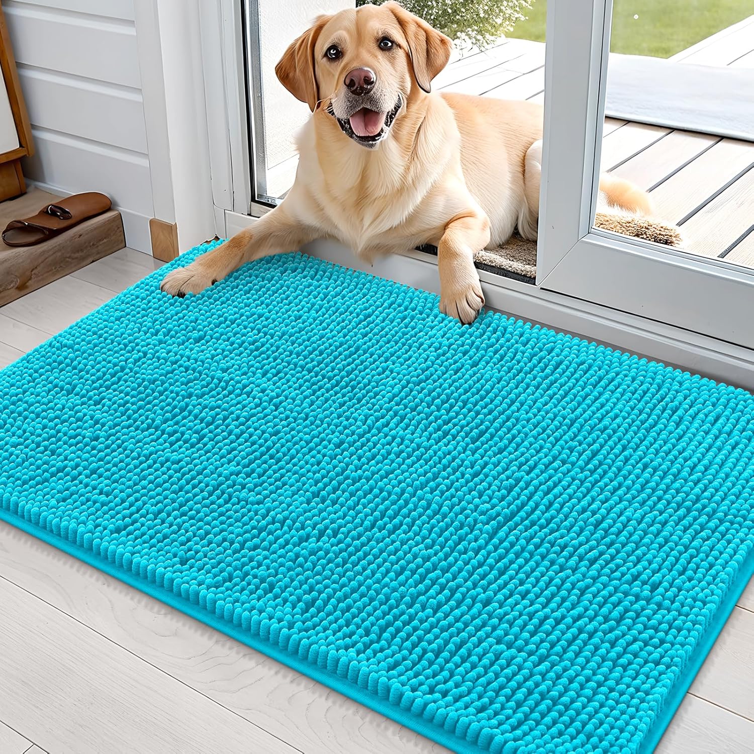 OLANLY Dog Door Mat - Absorbent Non-Slip Washable Doormat for Muddy Paws | Aqua Blue 35x24 Inches