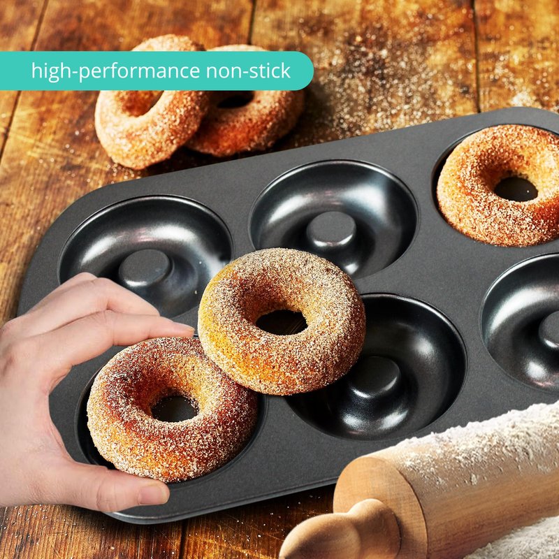 GEEOOLLAH Nonstick Donut Pan Set – 2-Piece Bakeware with 6-Cavity Mini and 12-Cavity Standard Molds, Durable Carbon Steel, Scratch-Resistant, Even Heating