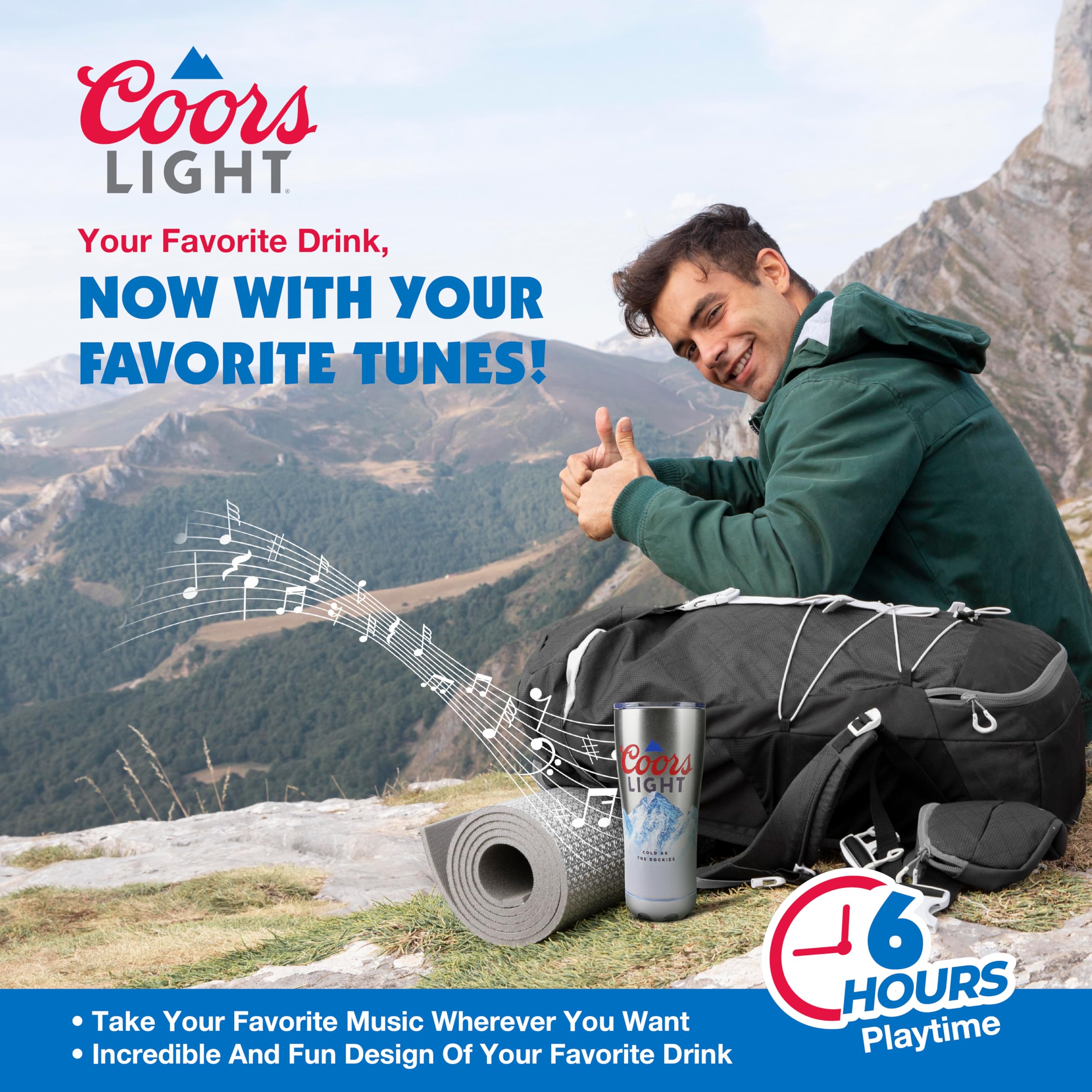 Gabba Goods Coors Light 16oz Stainless Steel Double Wall Insulated LED Bluetooth Speaker Tumbler with Lid and Removeable Speaker Bluetooth Wireless