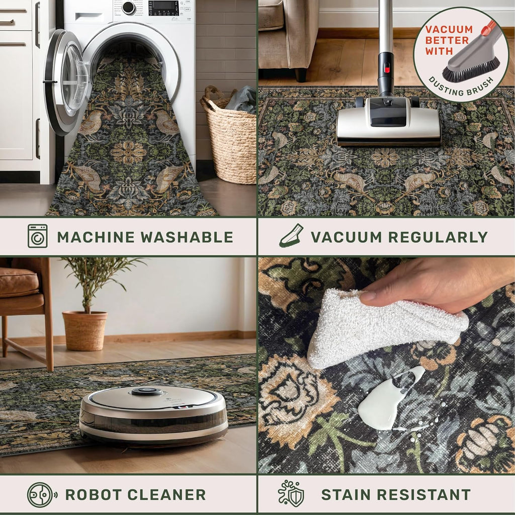 Skiennix Large Entryway Rugs - 3x5 Washable Indoor Mat with Moody Woodland Flowers | Non-Slip, Stain Resistant