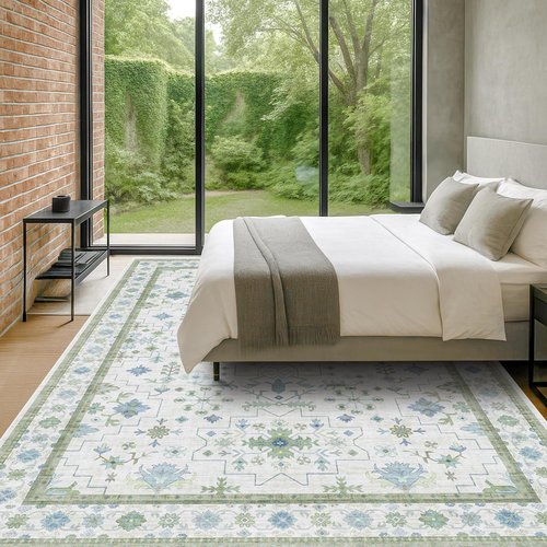 Hazo Haus Washable Rugs - Extra Large 10x12 Cream Blue & Green Floral Geometric Area Rug | Non-Slip Low Pile for Living Room & Dining Room