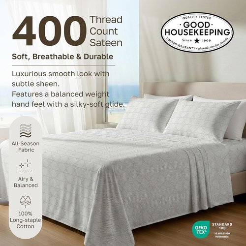 California Design Den King Size Cotton Sheet Set - 100% Soft Cotton, 400 TC, Deep Pockets | Crosshatch Taupish & Sage