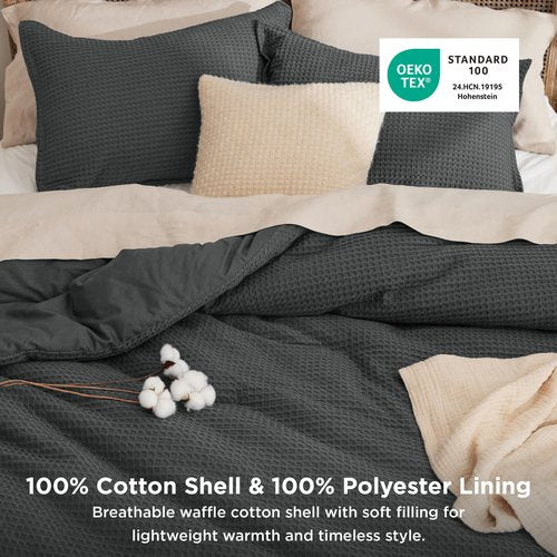 Bedsure Waffle Comforter Set King, Charcoal Soft Bedding, Waffle Weave Bed Set, 3 Pieces, 1 Comforter (104"x90") and 2 Pillow Shams, Cotton Shell and Polyester Lining for All Seasons