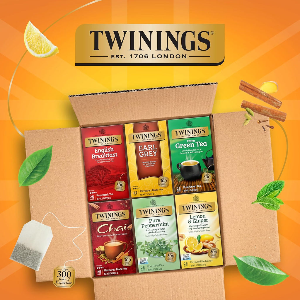 Twinings Variety Pack Tea Bags - 25 Count (Pack of 6) | English Breakfast, Earl Grey & More, Perfect Hot or Iced
