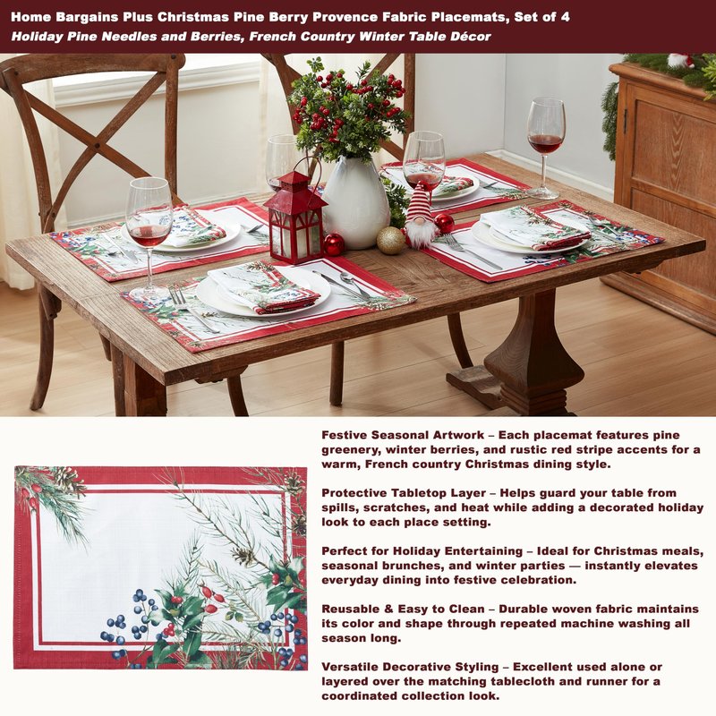Home Bargains Plus Pine Berry Provence Christmas Fabric Tablecloth, 70 Inch Round, Holiday Pine Needles and Berries, French Country Winter Dining Table Cover