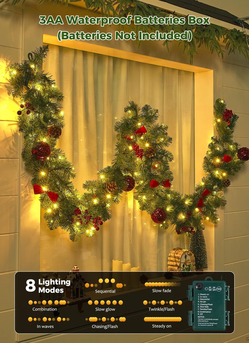 Brightown 9FT Christmas Garland with Lights, Battery Operated Prelit Garland with Pinecones, Berries, Bows, Ornaments, 100 LED White Lights, 8 Modes, Timer, for Mantle, Stairs, Fireplace, Door, Fence