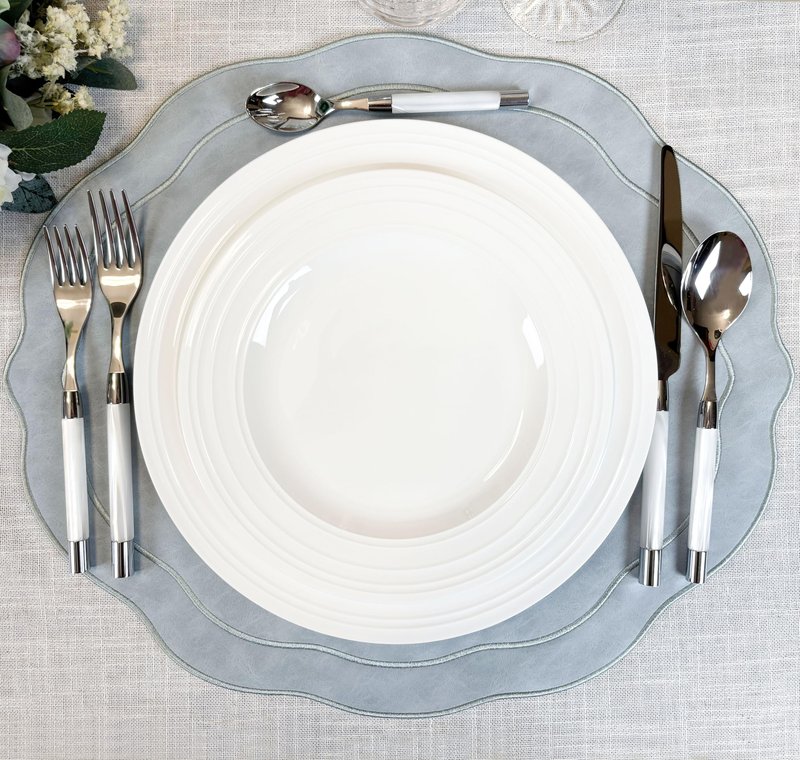 Bryonia Embroidered Scalloped Faux Leather Placemats Set of 4 - Earth Tone, Soft, Wipeable Luxury Dinner Table Mats for Dining & Wedding, Gift for Mom, 17.25" x 15", Light Blue Gray