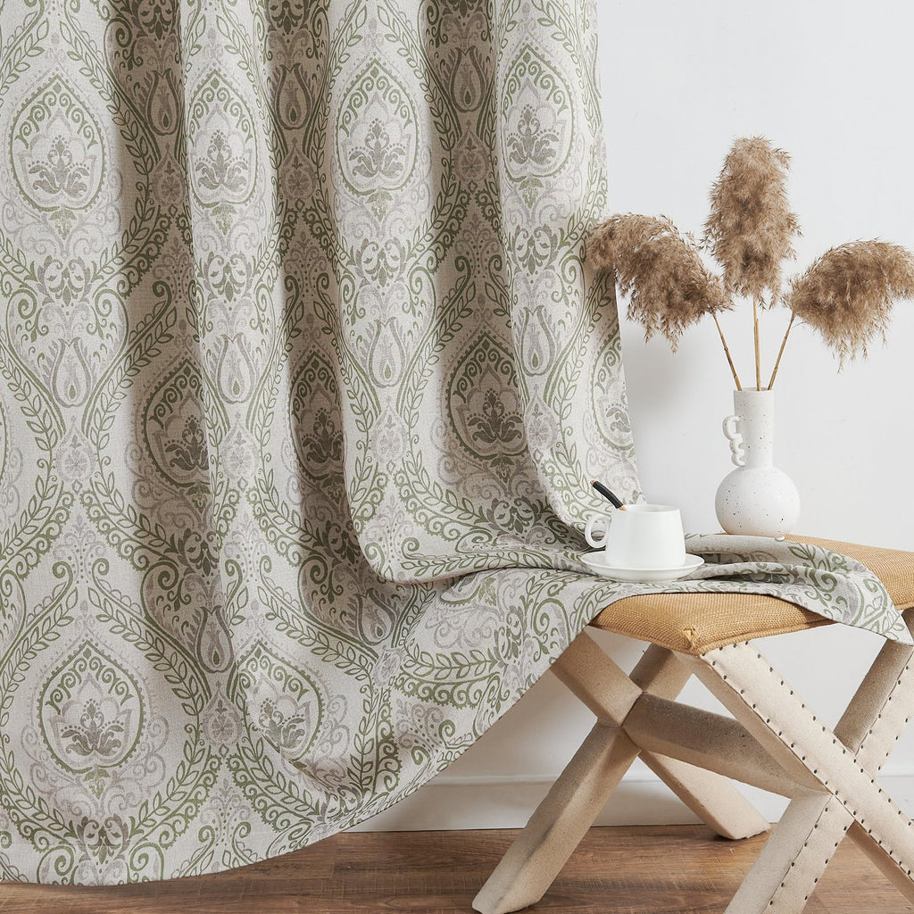 jinchan Sage Green Curtains for Living Room Darkening 84 Inch Length, Linen Textured Medallion Drapes for Bedroom, Damask Pattern Window Treatments Vintage Curtain Panels, 2 Panels Green