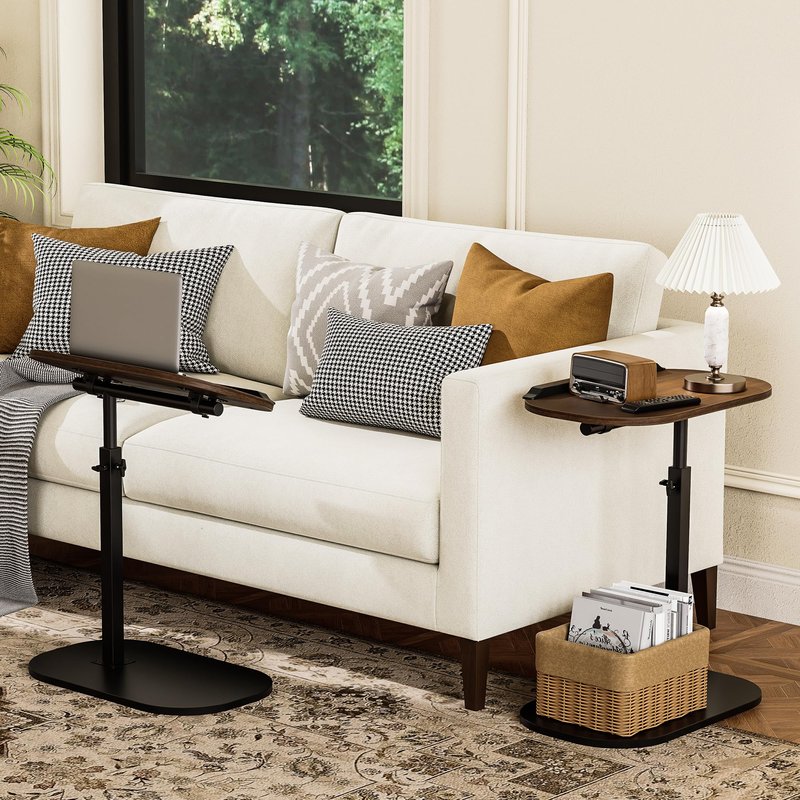 C Shaped End Side Table with Anti-Drop Rod, Adjustable Height & 360° Swivel Snack Table for Couch, Sofa, Bedroom, Living Room, TV Tray Table for Eating, Dinner or Laptop, Small Spaces, Walnut