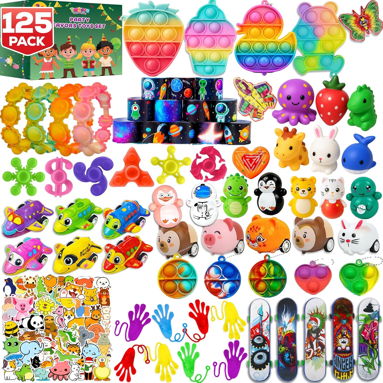 Skiennix Fidget Toys Pack - 125 Pcs Sensory Set with 65 Stickers | Perfect Party Favors for Kids & Adults