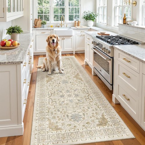 Madane Hallway Runner - Vintage Washable Kitchen Rug | Non-Slip Indoor Area Carpet (3x8, Beige/Blue)