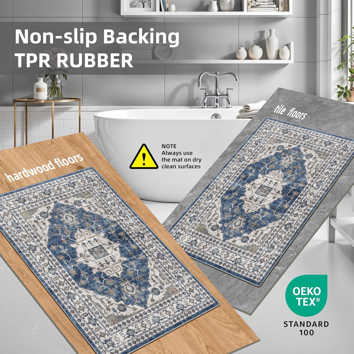 Skiennix Washable Kitchen Floor Mats - Non-Slip Water-Resistant Rugs | Soft Decorative Set (2x3, 2x4, 2x5, 2x6, Blue)