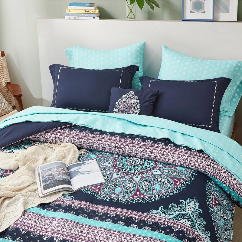 Degrees of Comfort Teen Twin Complete Comforter Sets for Girls, Boho Medallion Tween Bed in A Bag 6 Piece, Blue Microfiber Bedding Set with Sheets, Matching Decorative Pillow