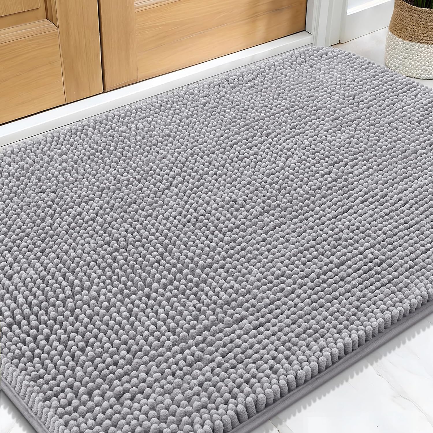 OLANLY Dog Door Mat - Absorbent Non-Slip Chenille Doormat for Muddy Paws | 34x21 Light Grey