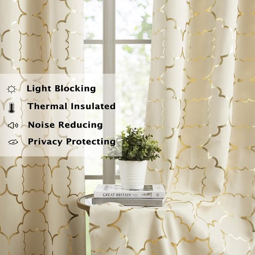 Purainbow Foil Gold Blackout Window Curtains for Bedroom Living Room 108inch Long Modern Metallic Print Thermal Insulated Drapes Privacy Protection Window Treatment Sets Grommet Top, 2 Panels, Beige