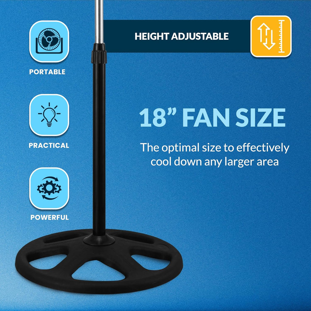 PAMI 18” High-Velocity Oscillating Pedestal Fan - Adjustable Height & 3 Speed Levels | Powerful Cooling for Home, Office & Dorm - Black