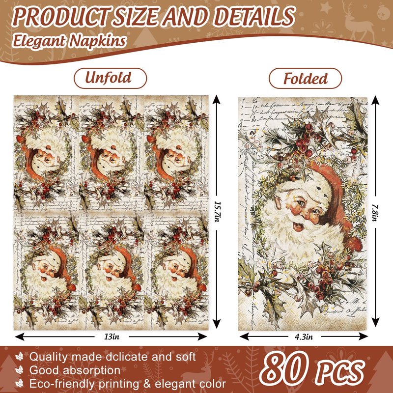 JarThenaAMCS 80Pcs Christmas Guest Napkins Vintage Santa Claus Disposable Paper Napkins Retro Dinner Hand Napkin for Winter Kitchen Bathroom