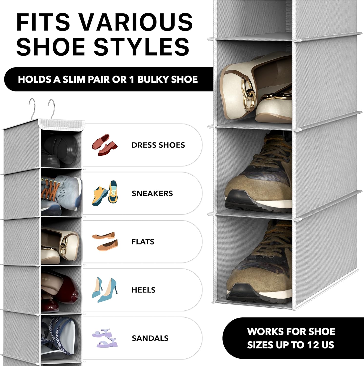 Simple Houseware 10-Shelf Hanging Shoe Organizer - Space-Saving Closet Storage, Grey