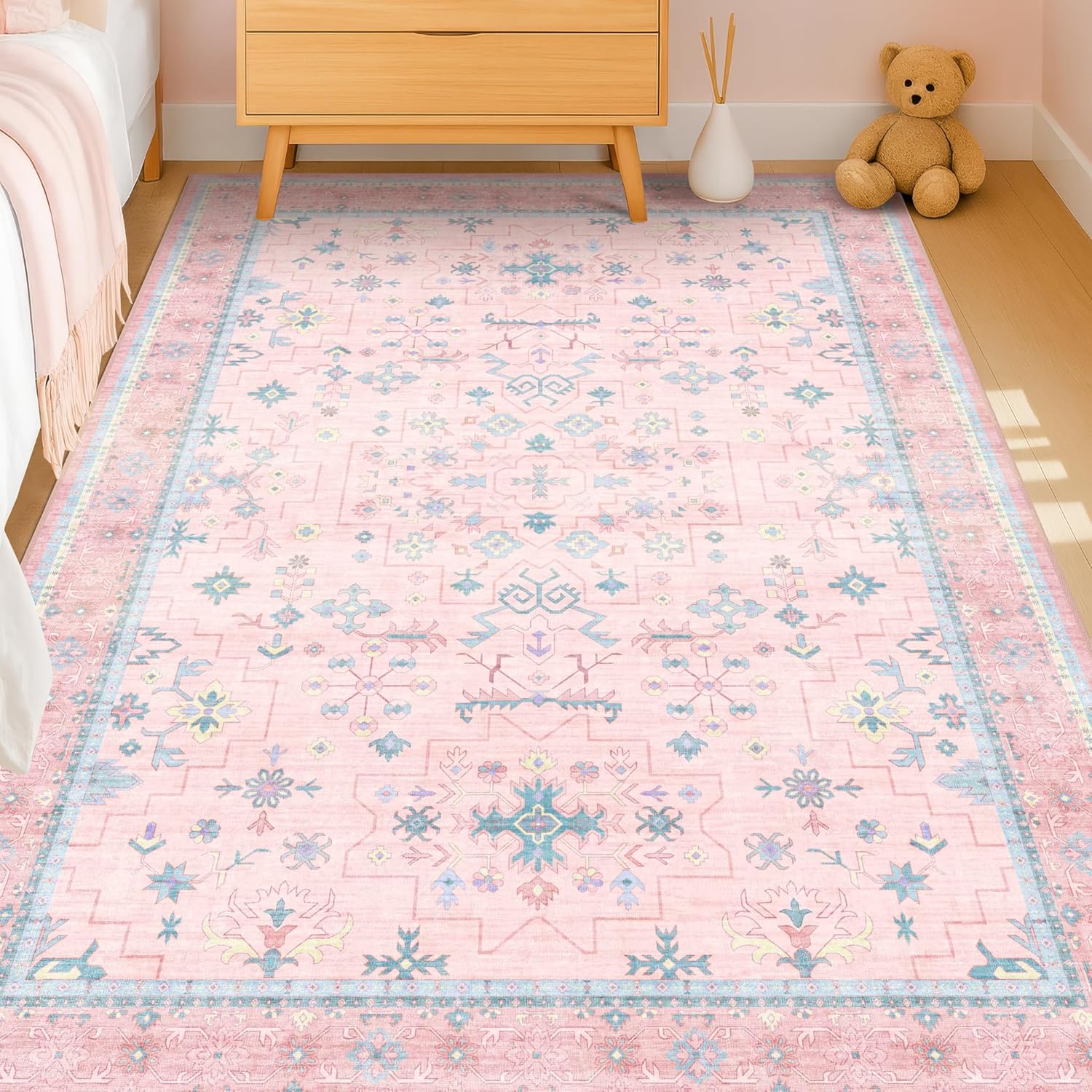 Skiennix Boho Area Rug - Washable Pink & Blue Floral Design | 6x8 Soft Non-Slip Carpet for Kids' Rooms