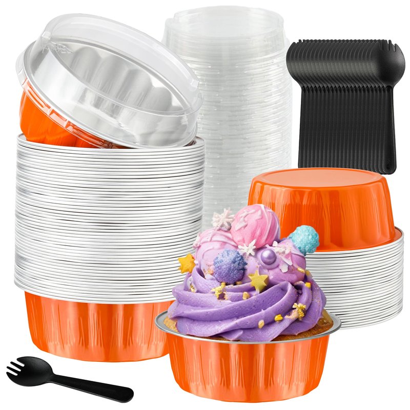 BAKINGPAK Round Baking Cups with Lids, 50PCS 8OZ Mini Aluminum Foil Pans Mini Cake Pans with Lids Cupcake Liners Muffin Pan Individual Cupcake Containers for Birthday, Orange