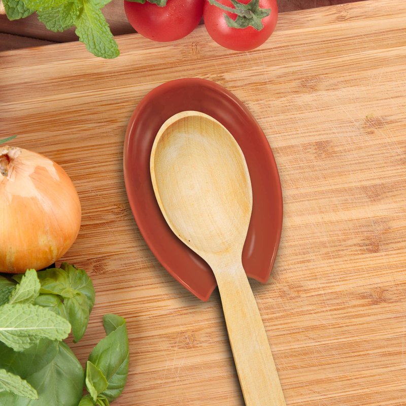 OGGI Spooner Ceramic Spoon Rest- Spoon Rest for Stove Top, Spoon Holder for Countertop, Kitchen Decor for Counter, Coffee Bar Accessories, Brick Red