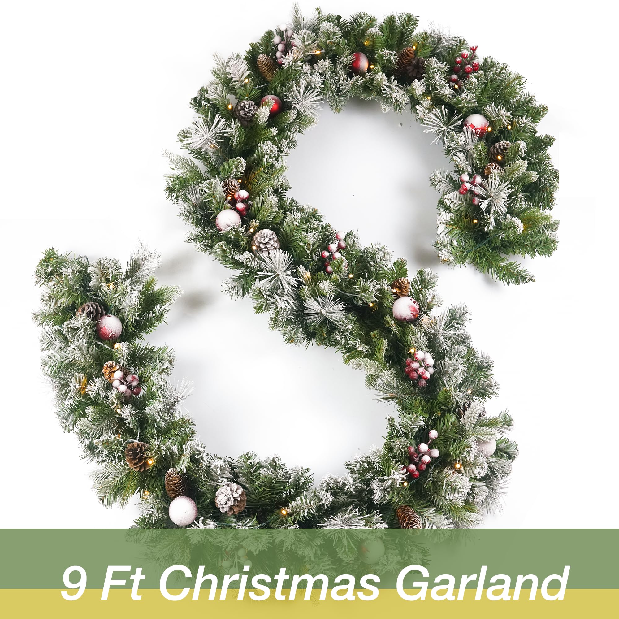 Christmas Garland Flocked 9ft with 50 Lights, Christmas Decor with Pine Cone Red Balls & Berries 50 Light Timer for Mantle Staircase Indoor and Outdoor