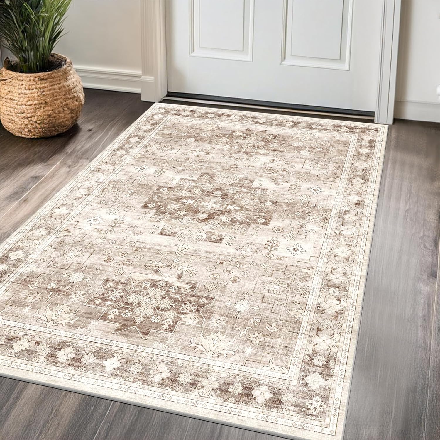 Regine Switzerland Washable Large Entryway Rug - Boho Vintage Floral Design | Non-Slip, Stain Resistant, 3x4 Beige/Latte