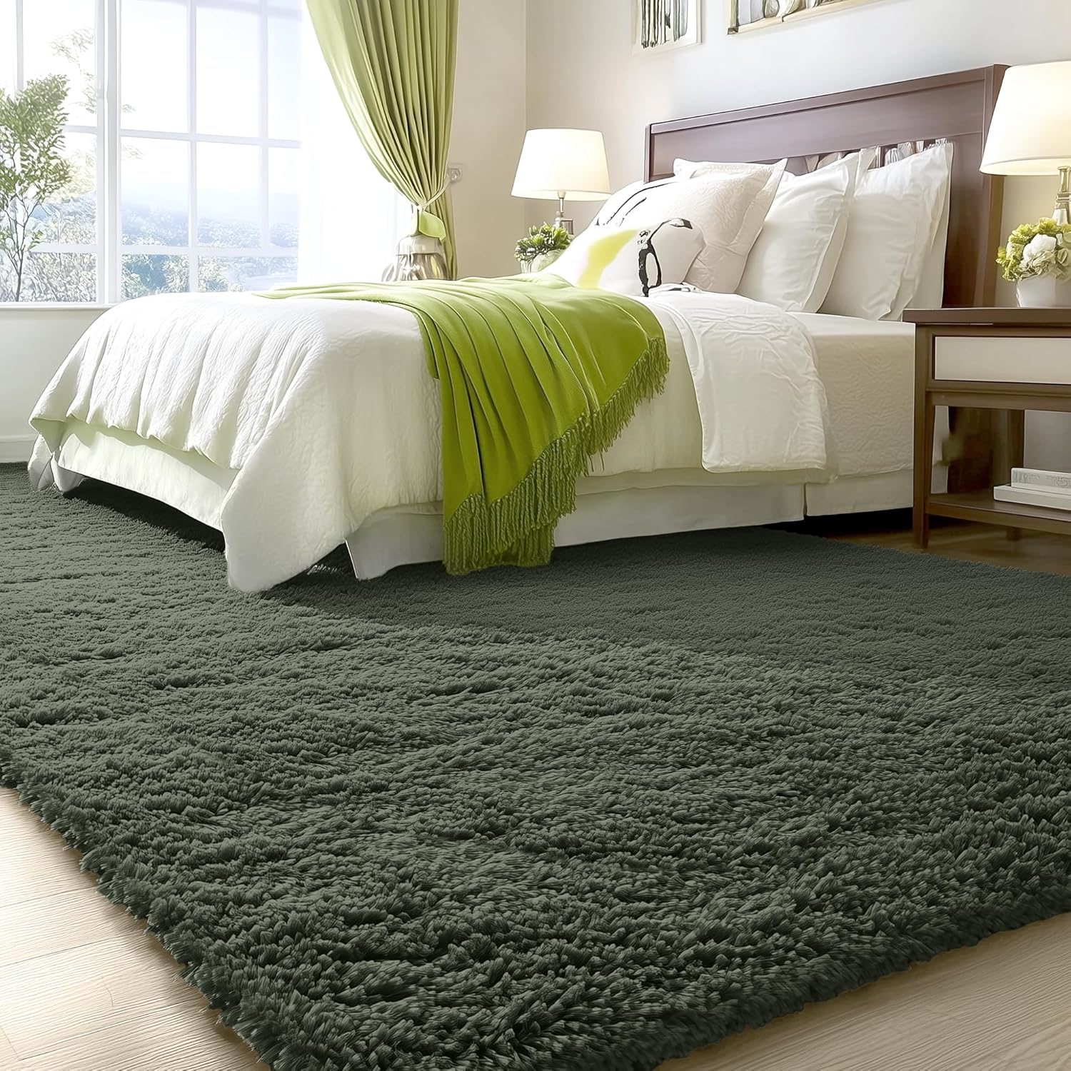 OLANLY Large Area Rug - Soft Fluffy Shaggy Carpet for Living Room & Bedroom | 8x10 Olive Green
