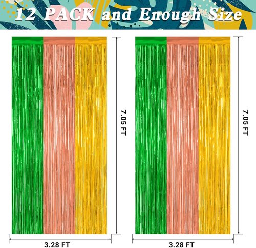 Hawaiian Party Decorations by [Brand Name] - 12 Pack Luau Backdrop Fringe Curtains | 3.28 FT x 7.05 FT, Green, Brown, Yellow