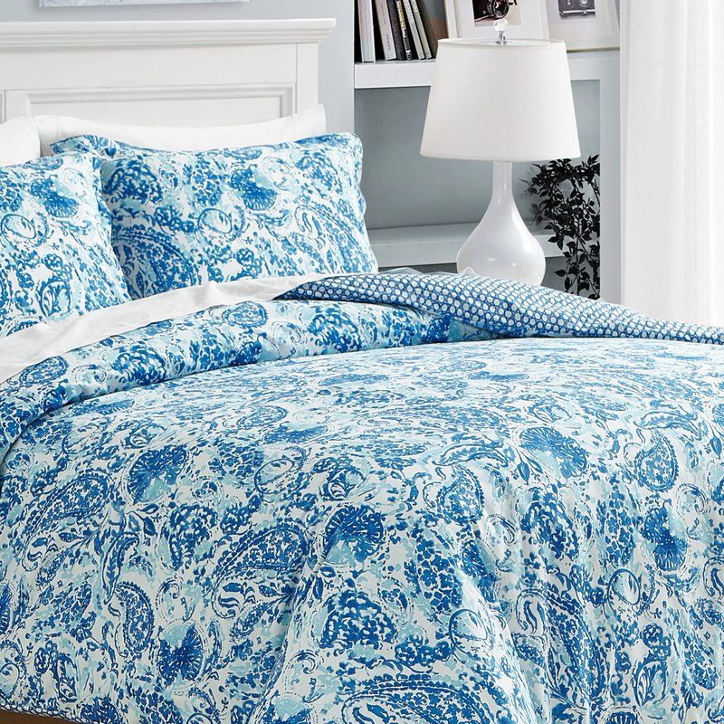 Poppy & Fritz - King Comforter Set, Reversible Cotton Bedding with Matching Shams, Medium Weight for All Seasons (Brooke Blue, King)