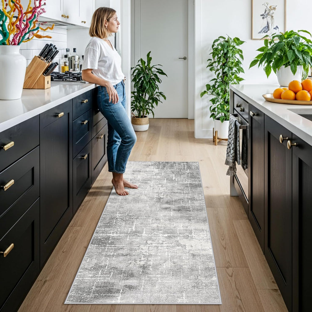 Skiennix Washable Abstract Kitchen Rug - Non-Slip Water-Resistant Floor Mat | 2x6 Light Grey for Modern Homes