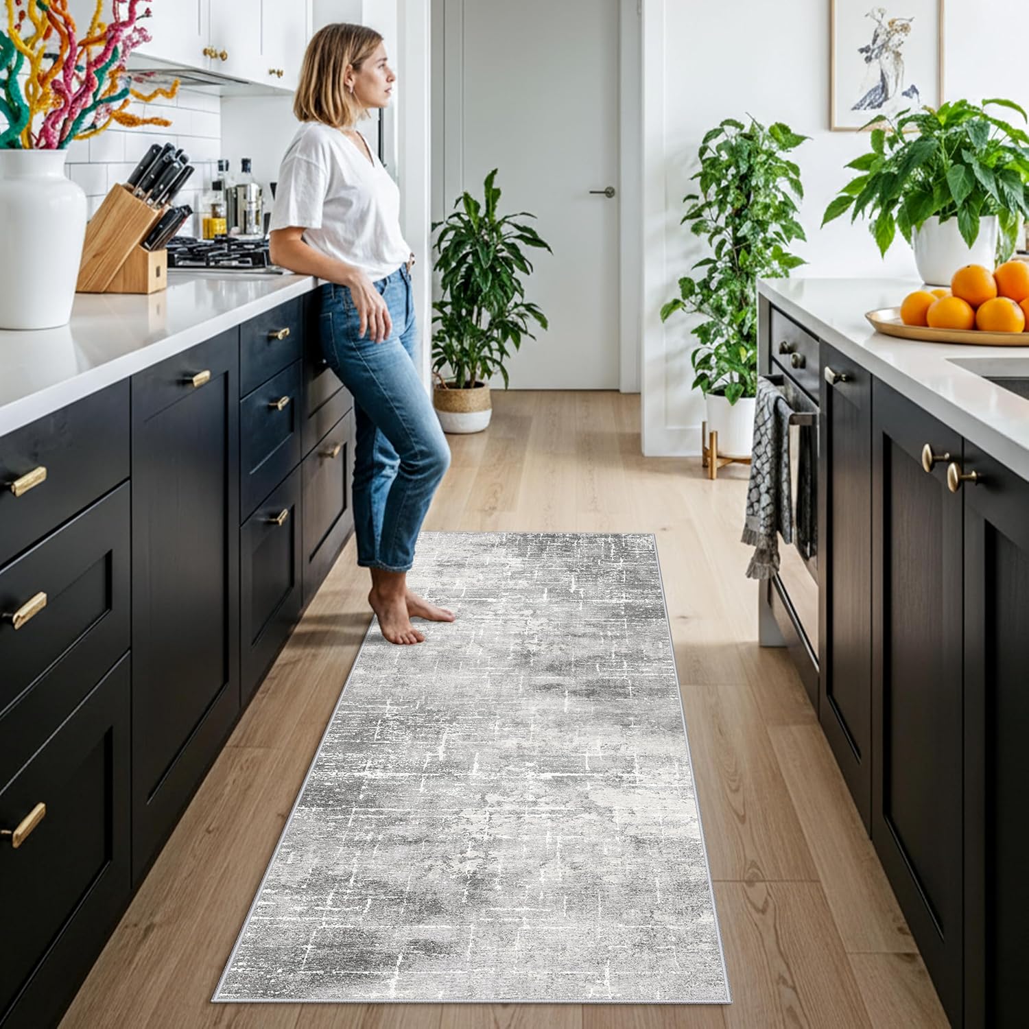 Skiennix Washable Abstract Kitchen Rug - Non-Slip Water-Resistant Floor Mat | 2x6 Light Grey for Modern Homes