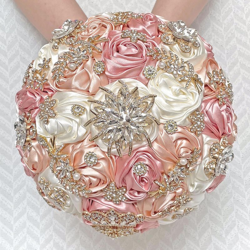 QingForBesty Handmade Satin Rose Floral Bling Pearl Decor Bridal Wedding Bouquet Rhinestone Pendant Artificial Brooch Flowers for Bride Bridesmaid Quinceanera