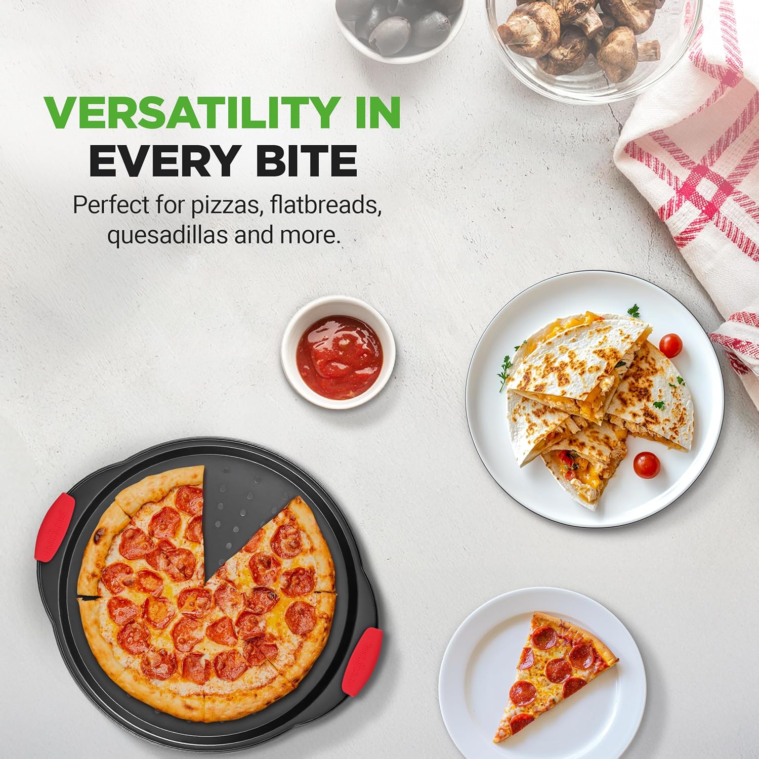 NutriChef 13-Inch Nonstick Pizza Tray - Round Carbon Steel Pan with Perforated Holes & Silicone Grip Handles